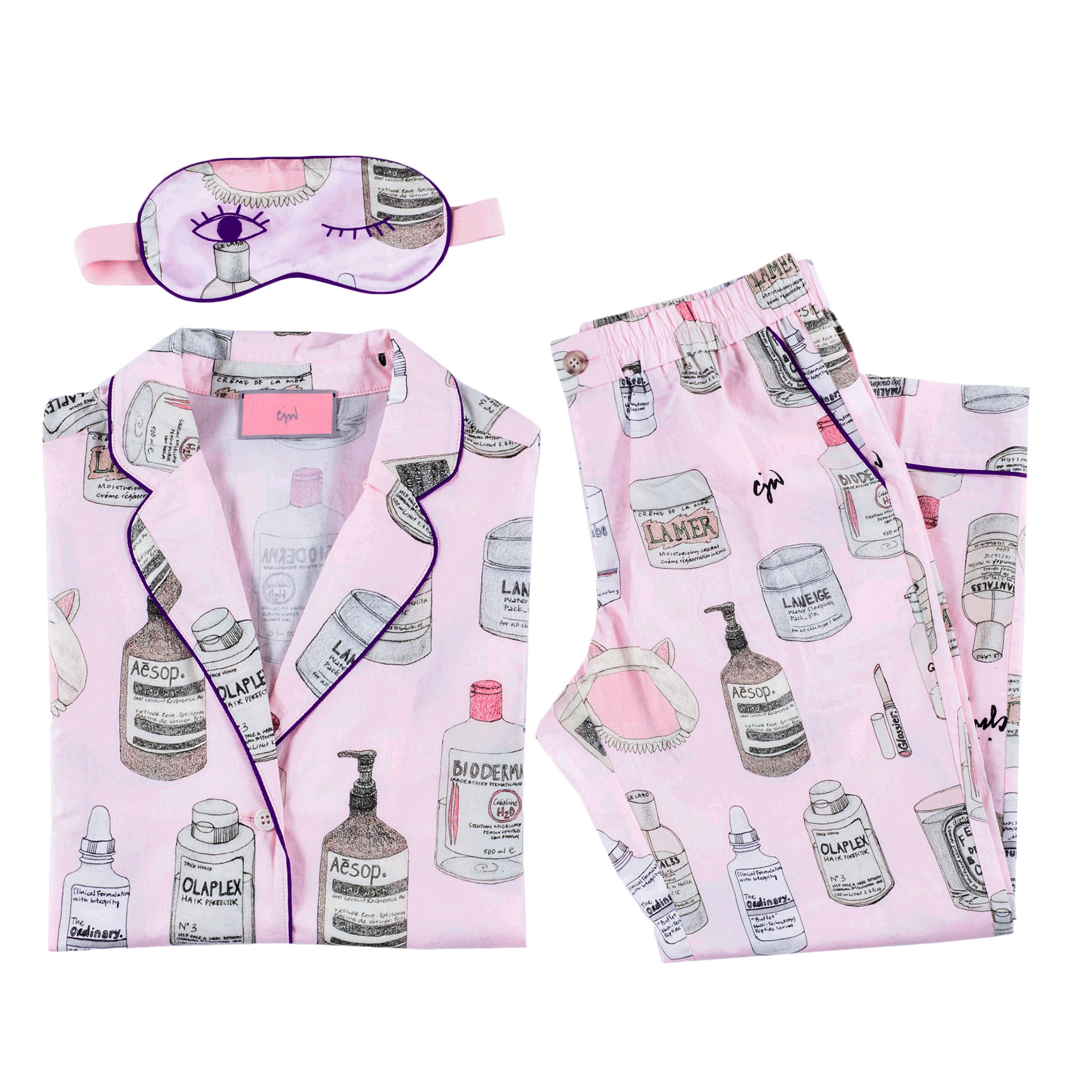 Allover Cat Print Pajama Set With Eye Cover