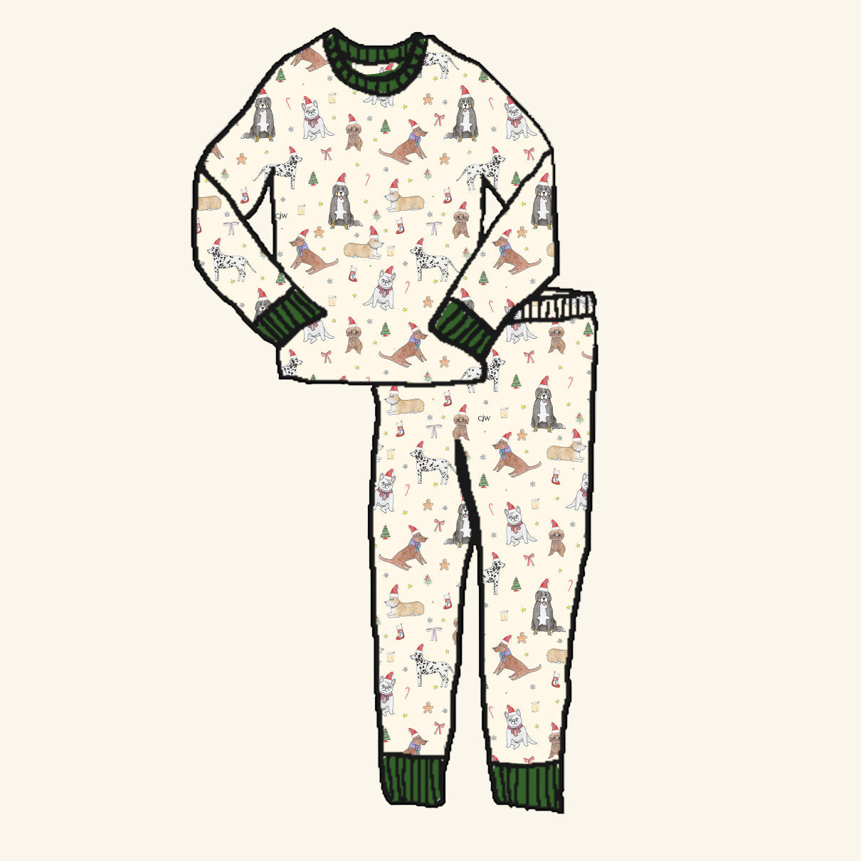 Holiday Pup Print organic cotton kids pajamas by CJW — cream base with spruce green cuffs and hand-illustrated dogs wearing Santa hats and scarves. Sustainable, made-to-order, and perfect for matching family holiday sleepwear.