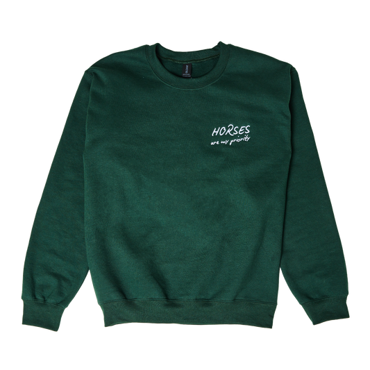Embroidered crewneck sweatshirt with “Horses Are My Priority” and a lucky horseshoe. A cozy statement piece for horse girls.