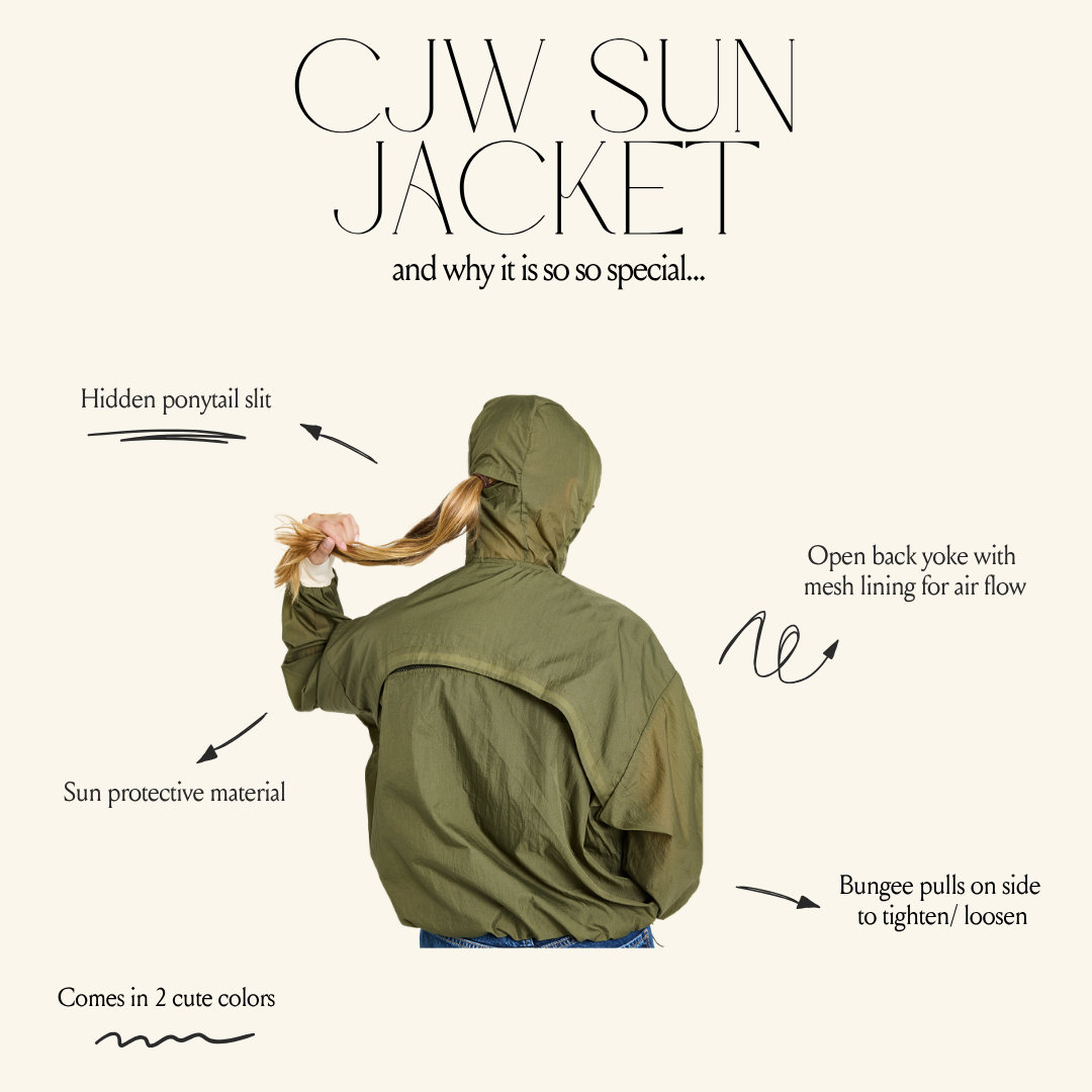Green sun jacket with features highlighted on a white background