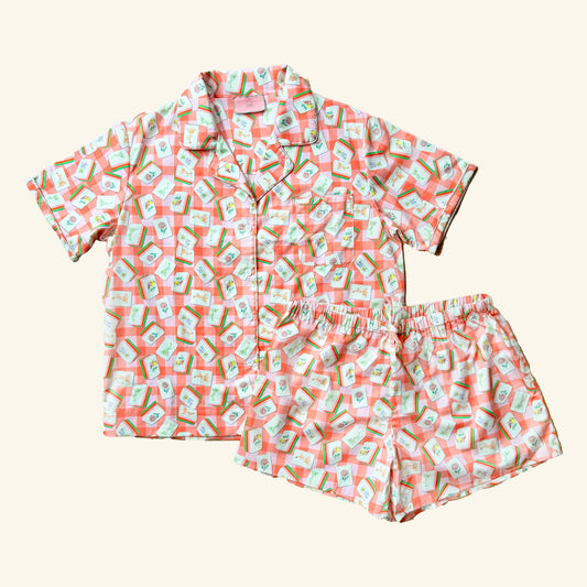 CJW Mahjong Short PJ Set flat lay — hand-illustrated mahjong tiles on pink gingham cotton pajamas
