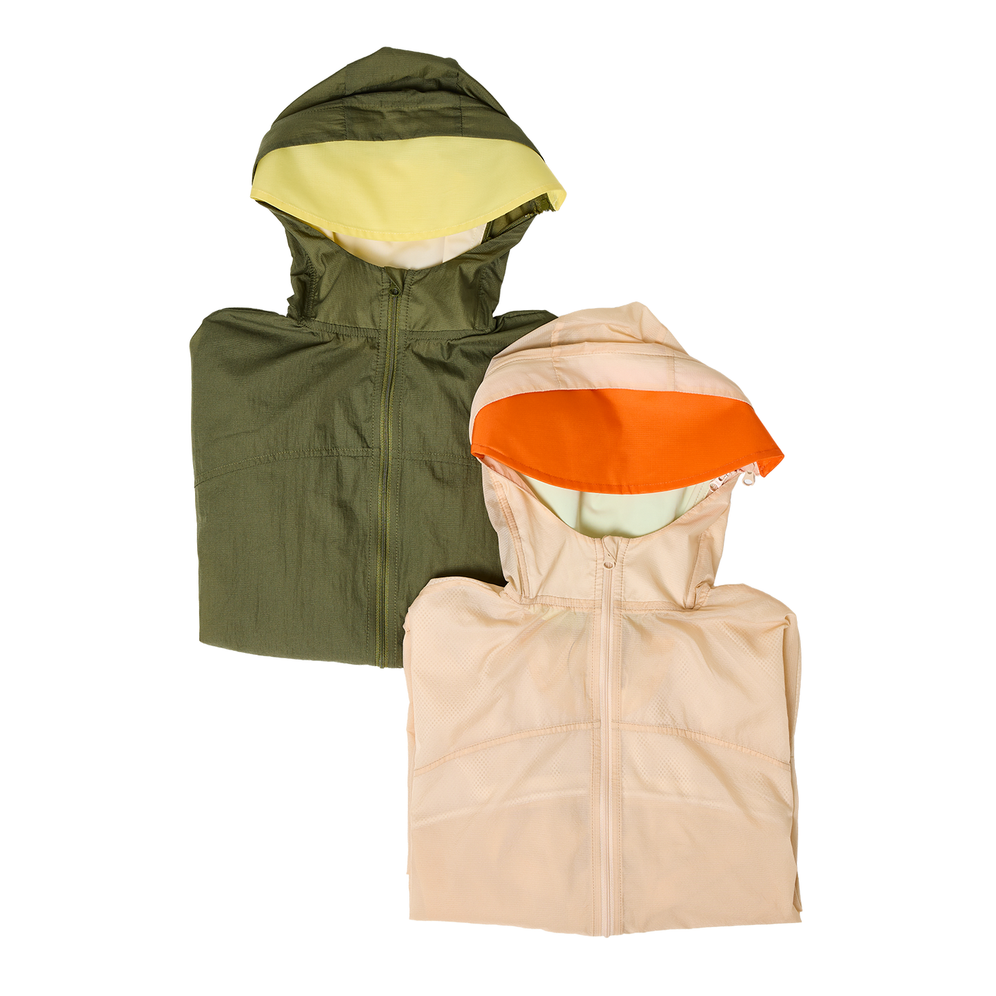 Two sun jackets, one green and one beige with orange hood, on a white background.