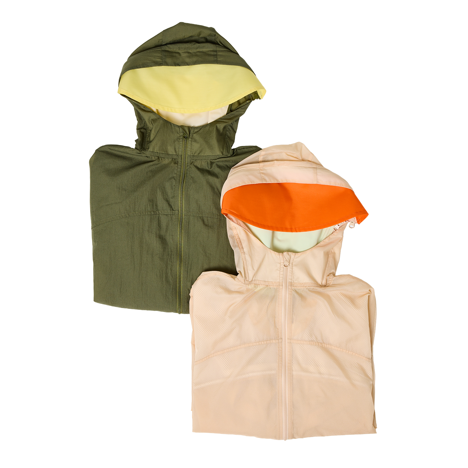 Two sun jackets, one green and one beige with orange hood, on a white background.