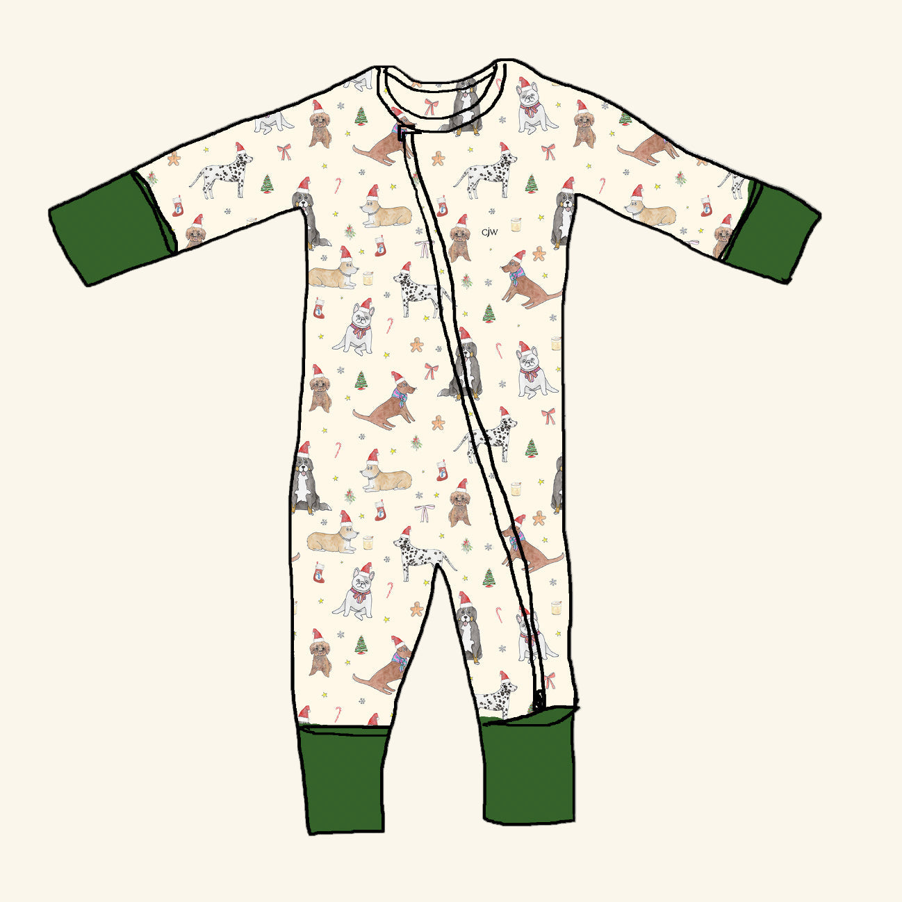 Holiday Pup Print organic cotton kids pajamas by CJW — cream base with spruce green cuffs and hand-illustrated dogs wearing Santa hats and scarves. Sustainable, made-to-order, and perfect for matching family holiday sleepwear.