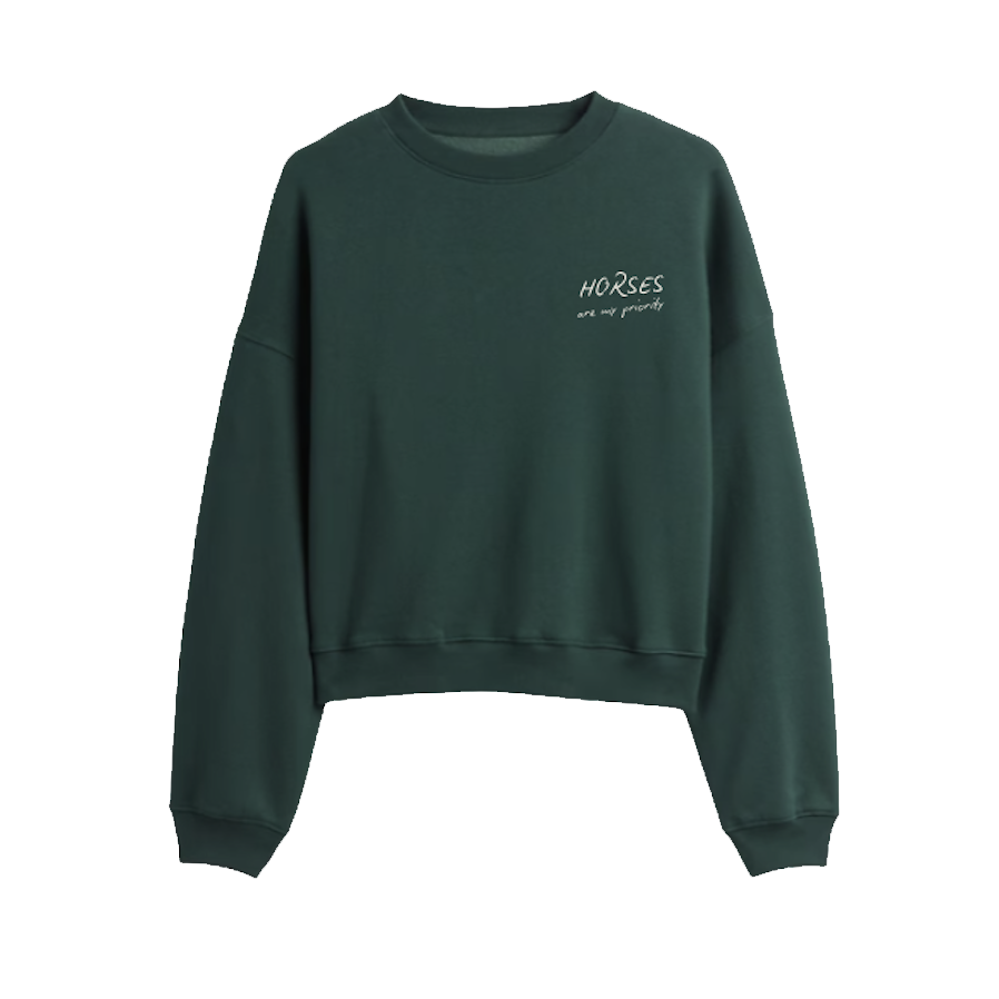 Embroidered crewneck sweatshirt with “Horses Are My Priority” and a lucky horseshoe. A cozy statement piece for horse girls.