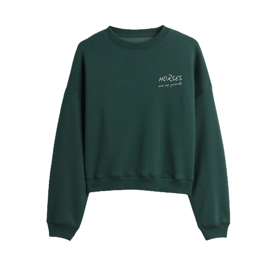 Embroidered crewneck sweatshirt with “Horses Are My Priority” and a lucky horseshoe. A cozy statement piece for horse girls.
