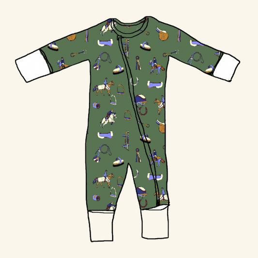 Cotton equestrian baby onesie in Show Pony print. Pre-order only for holiday delivery. A sustainable gift for horse girls and barn babies.