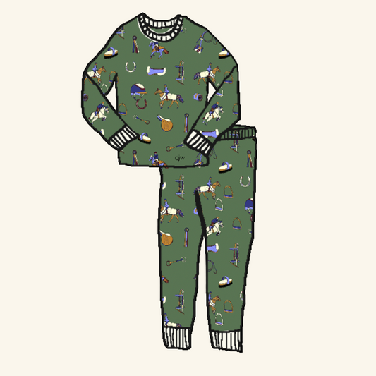 Kids’ cotton lounge set in Show Pony print. Pre-order only for holiday delivery. Perfect for equestrian families and horse girls.