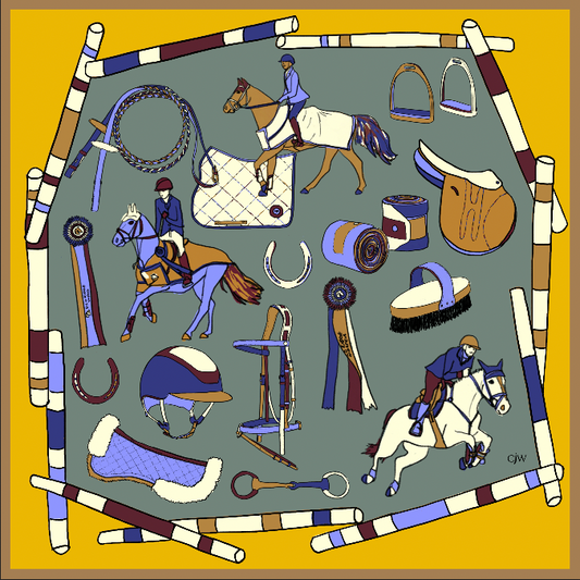 Cotton-silk mini scarf in Show Pony print. An equestrian accessory for horse girls to tie, style, or gift.