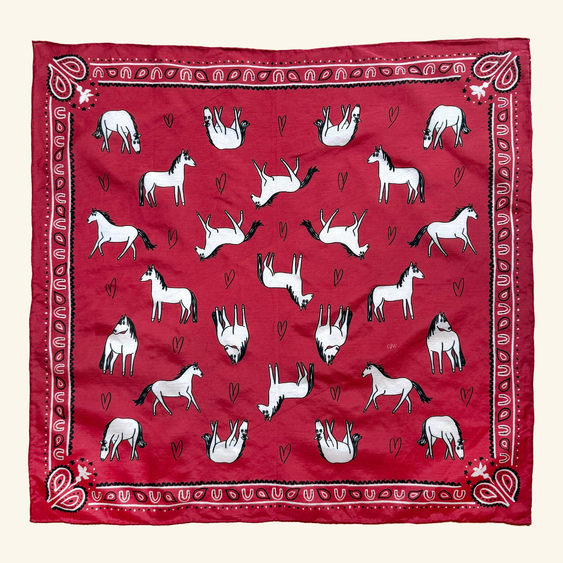 A cotton silk bandana inspired by the Year of the Horse, featuring hand-drawn horses in motion and classic bandana details.