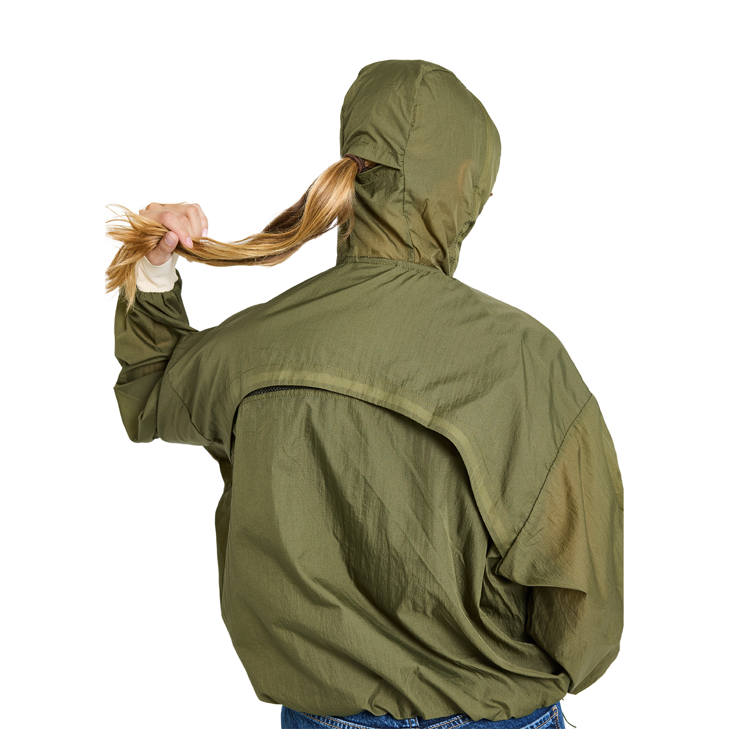 CJW Sun Jacket in olive— lightweight nylon jacket with removable brim and face mask, worn by model. back view