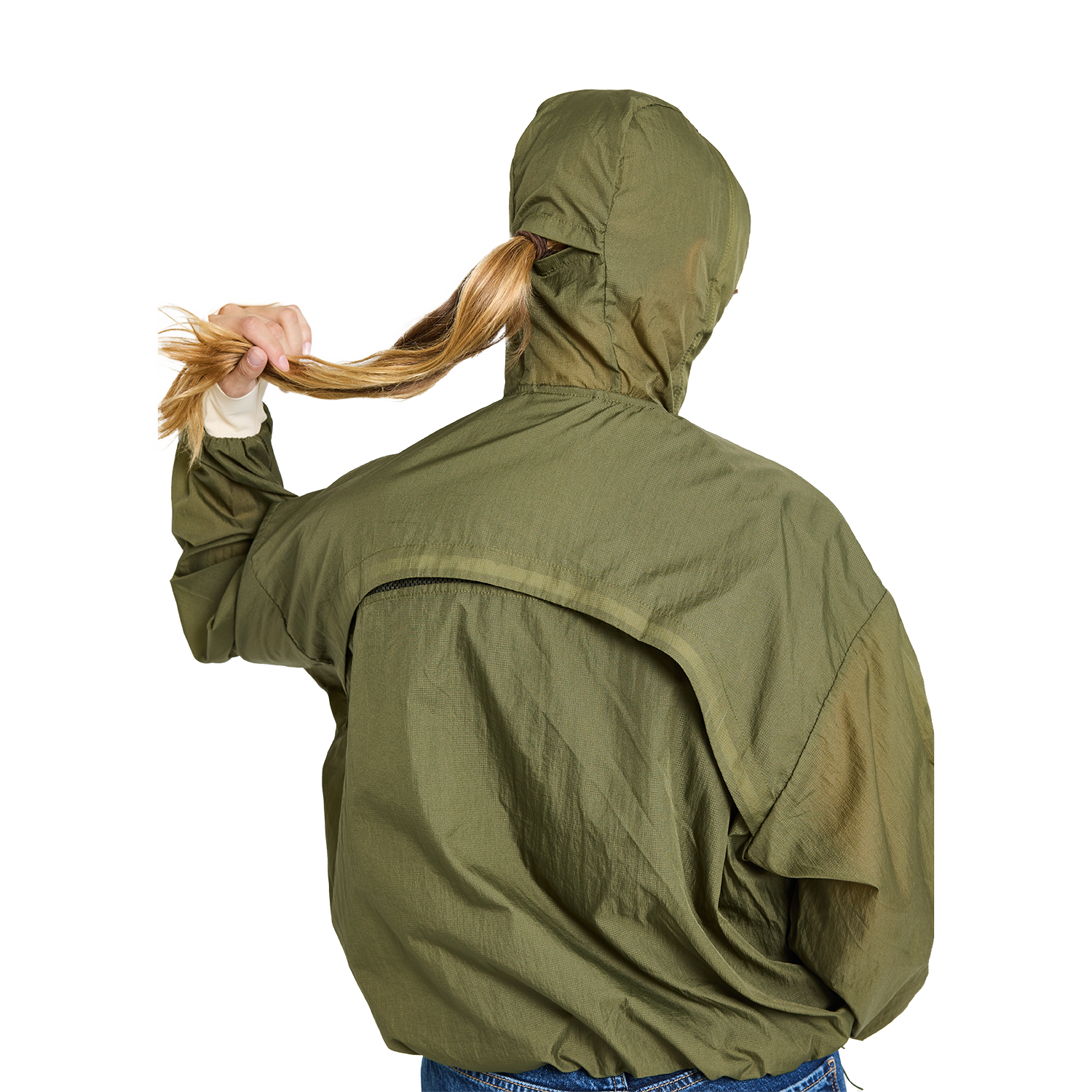 CJW Sun Jacket in olive— lightweight nylon jacket with removable brim and face mask, worn by model. back view