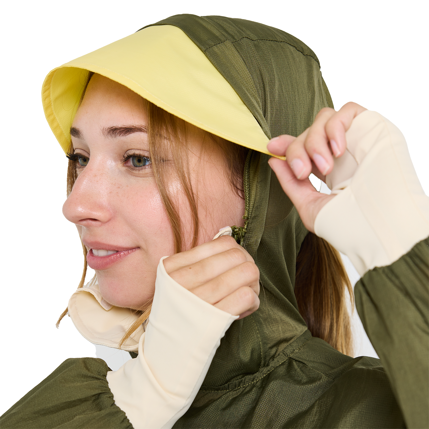 Removable face mask and brim detail on CJW Sun Jacket in olive
