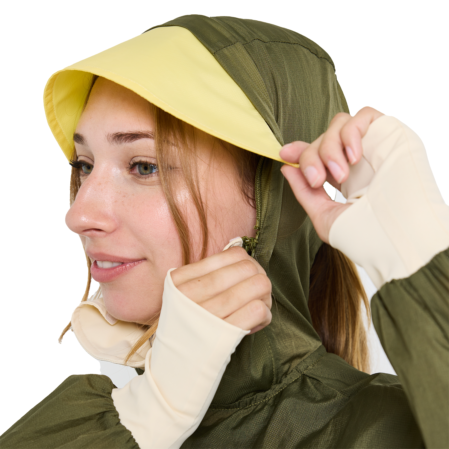 Removable face mask and brim detail on CJW Sun Jacket in olive