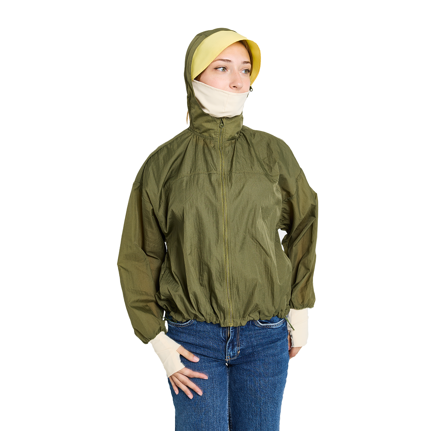 CJW Sun Jacket in cream— lightweight nylon jacket with removable brim and face mask, worn by model