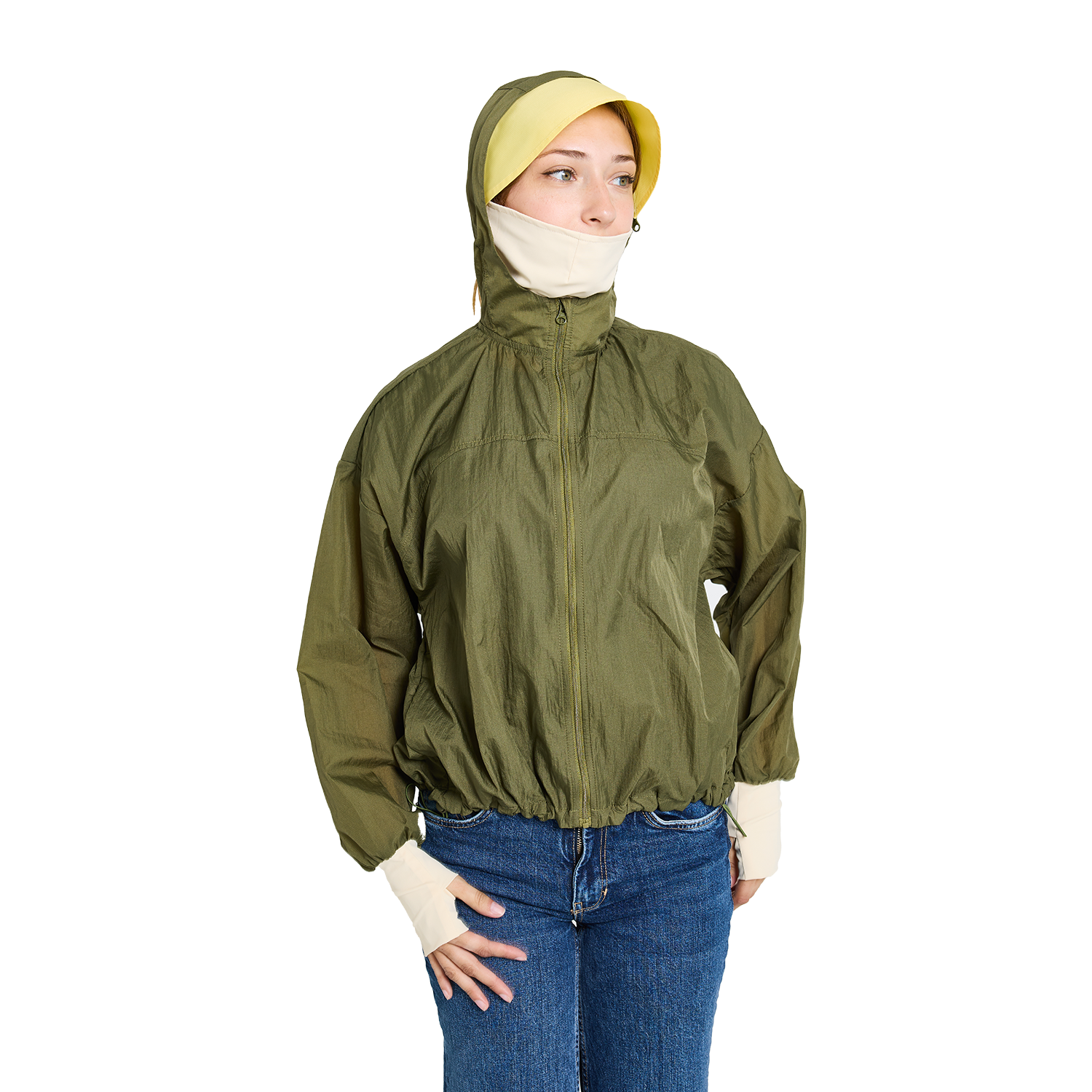 CJW Sun Jacket in cream— lightweight nylon jacket with removable brim and face mask, worn by model