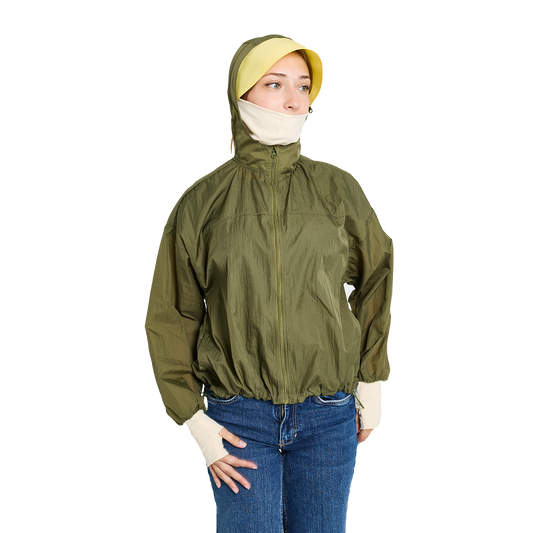 CJW Sun Jacket in cream— lightweight nylon jacket with removable brim and face mask, worn by model