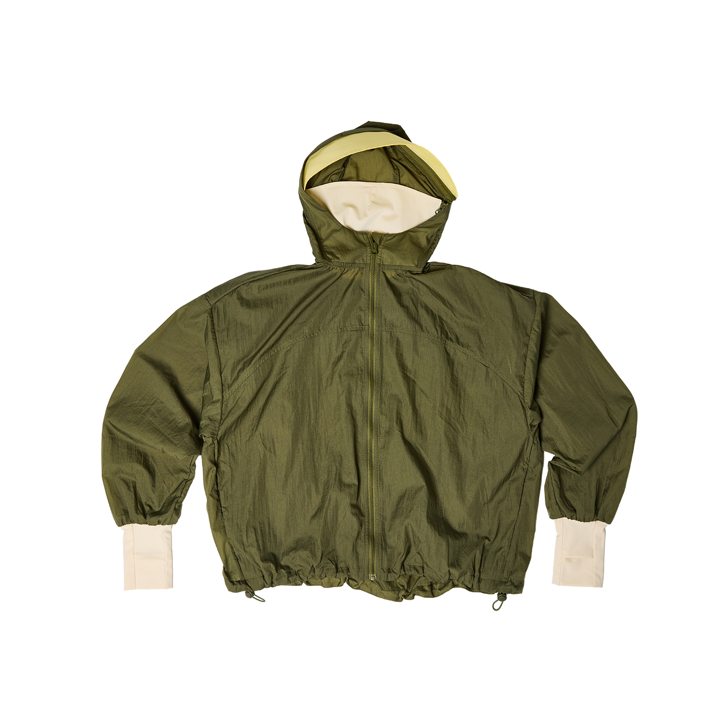CJW Sun Jacket in olive flat lay showing zip front, pockets and hand panel detail