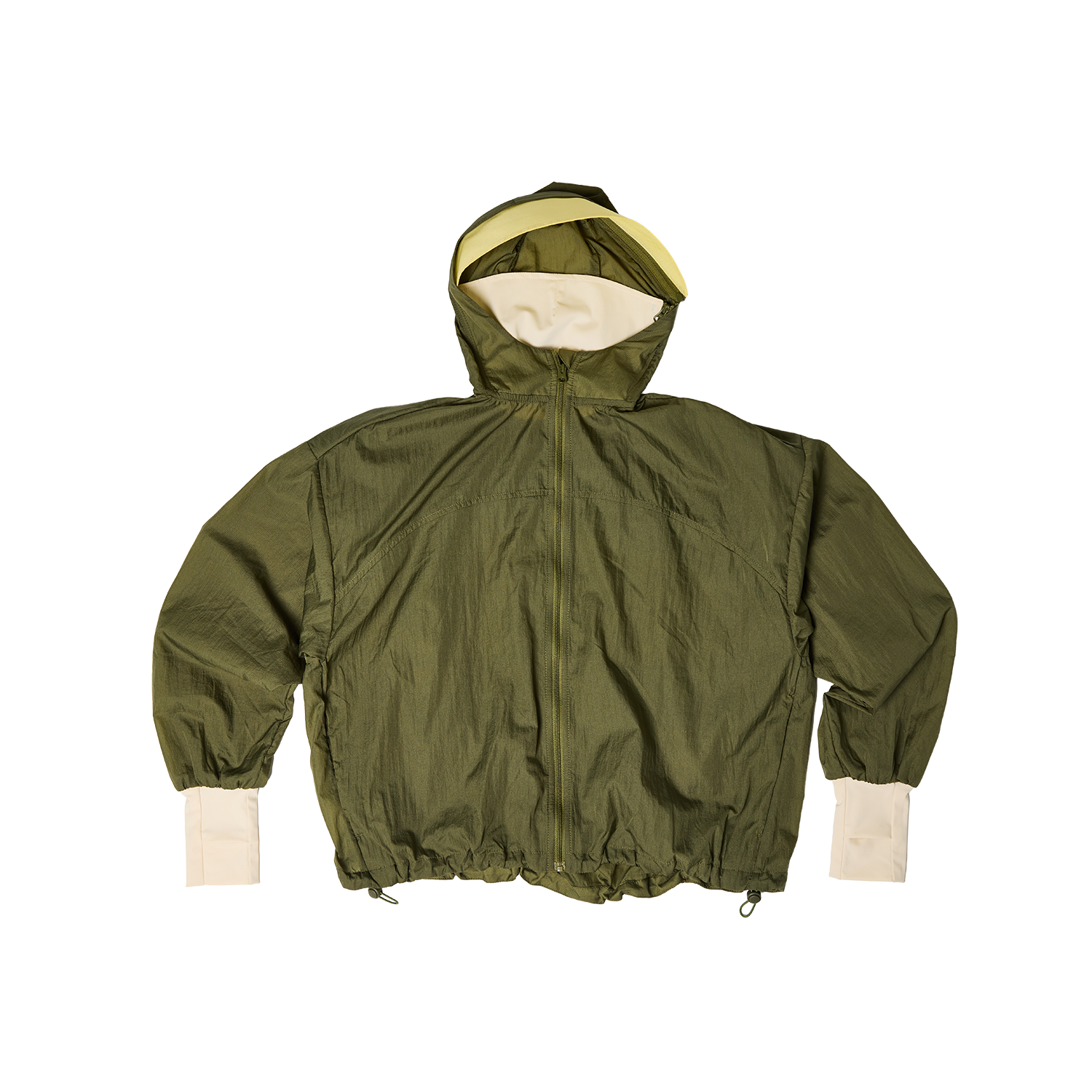 CJW Sun Jacket in olive flat lay showing zip front, pockets and hand panel detail