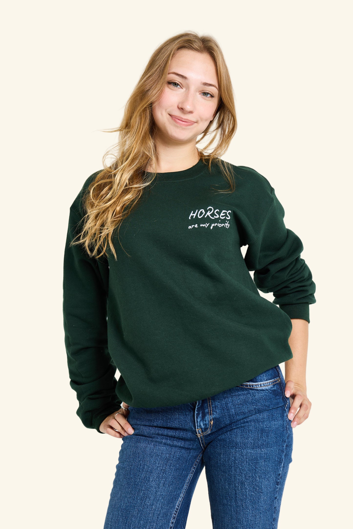 Embroidered crewneck sweatshirt with “Horses Are My Priority” and a lucky horseshoe. A cozy statement piece for horse girls.