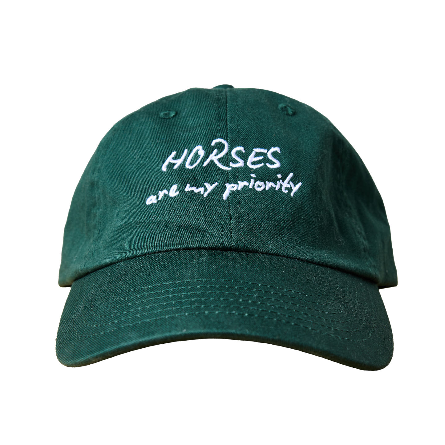 Embroidered dad hat with “Horses Are My Priority” and a horseshoe. A casual equestrian staple for horse girls.