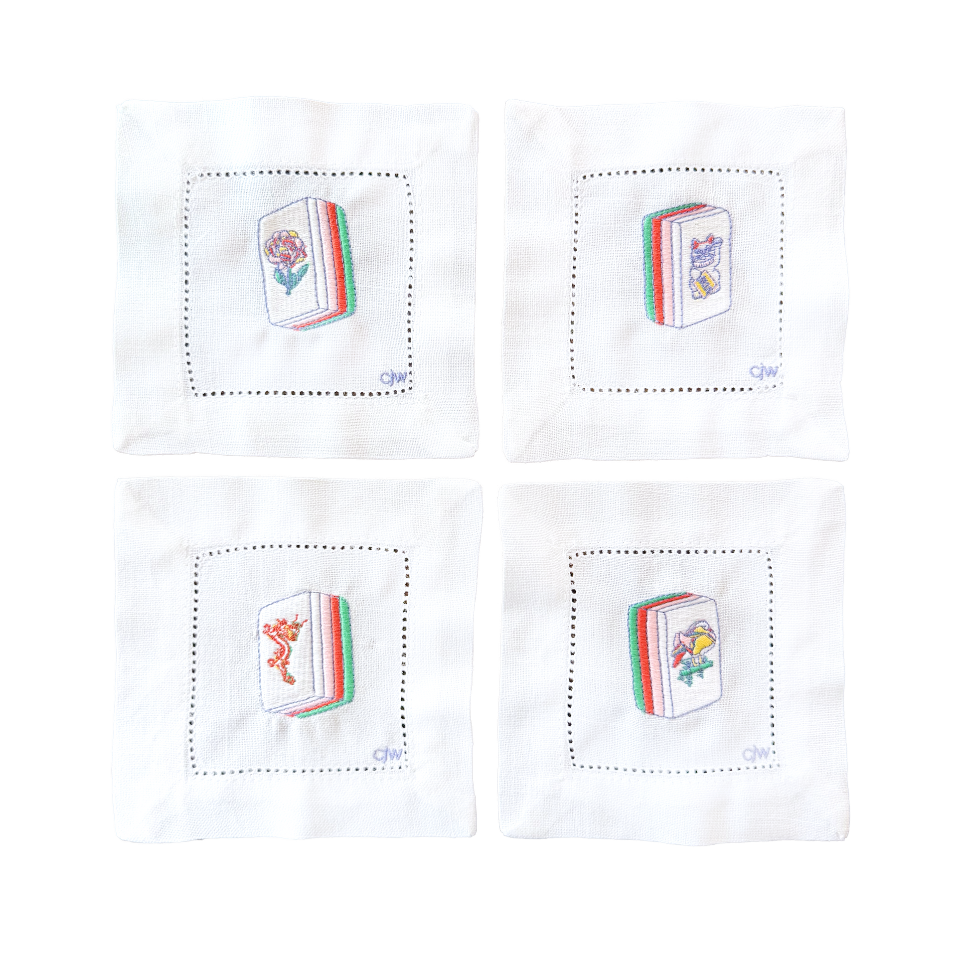 CJW Mahjong Cocktail Napkins — set of 4 embroidered linen napkins with hand-illustrated mahjong tile designs"
Close-up: "Close-up of embroidered Red Dragon mahjong tile on CJW 100% linen cocktail napkin"
Styled: "CJW Mahjong Cocktail Napkins styled on a table setting — embroidered linen napkins with mahjong tile illustrations