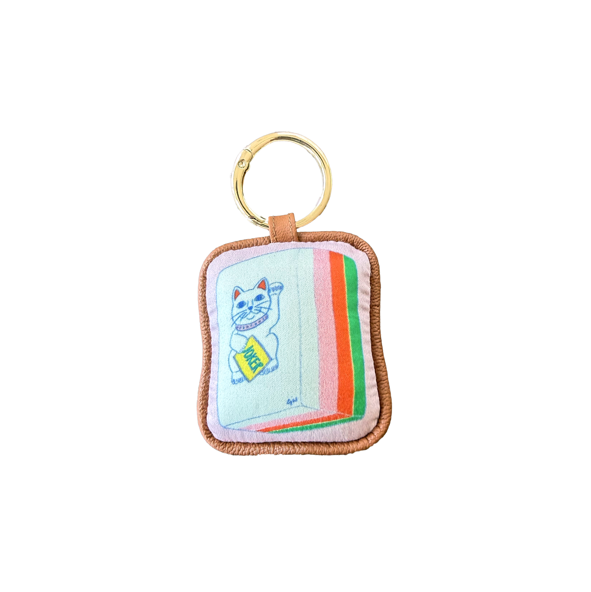 CJW Mahjong Bag Charm — hand-illustrated stuffed silk charm with leather piping and gold ring hardware