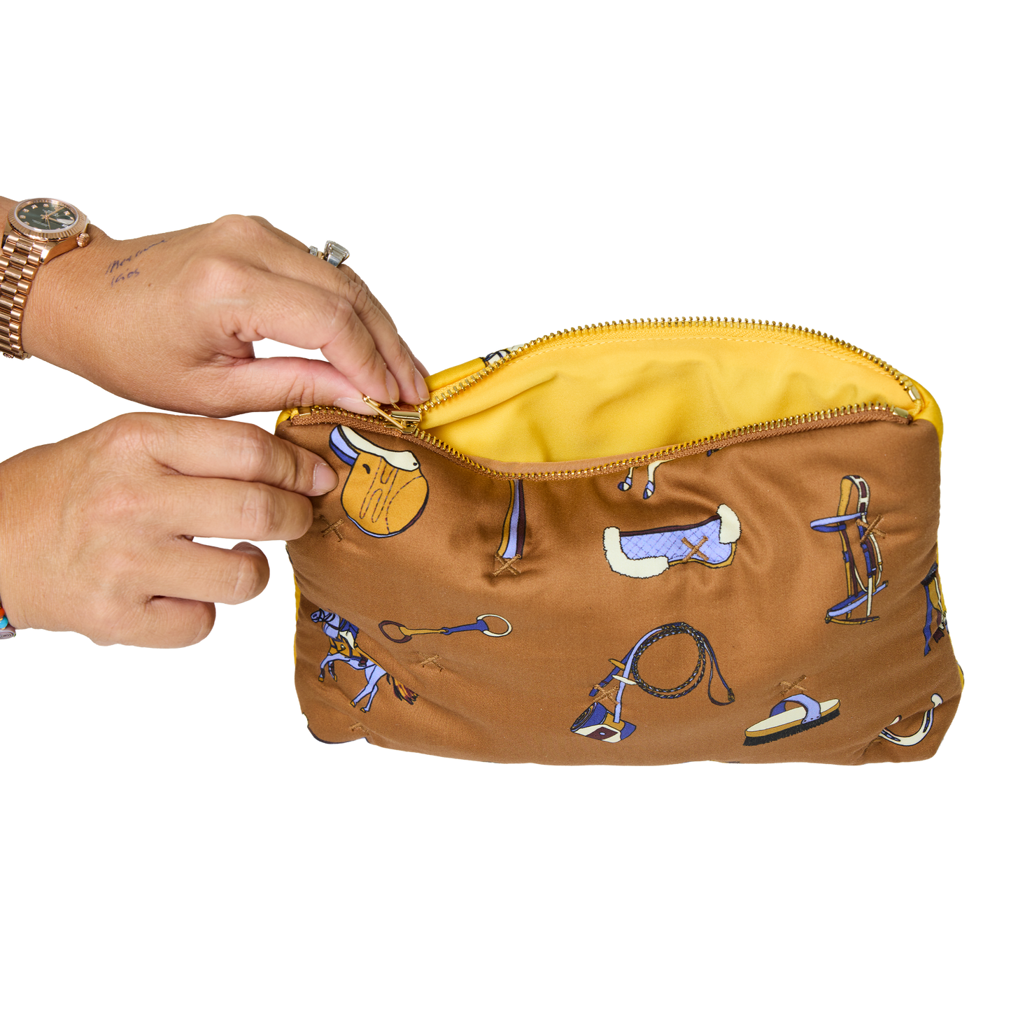 Two-sided cotton pouch in Show Pony print. A whimsical, practical accessory for horse girls and equestrian travel.