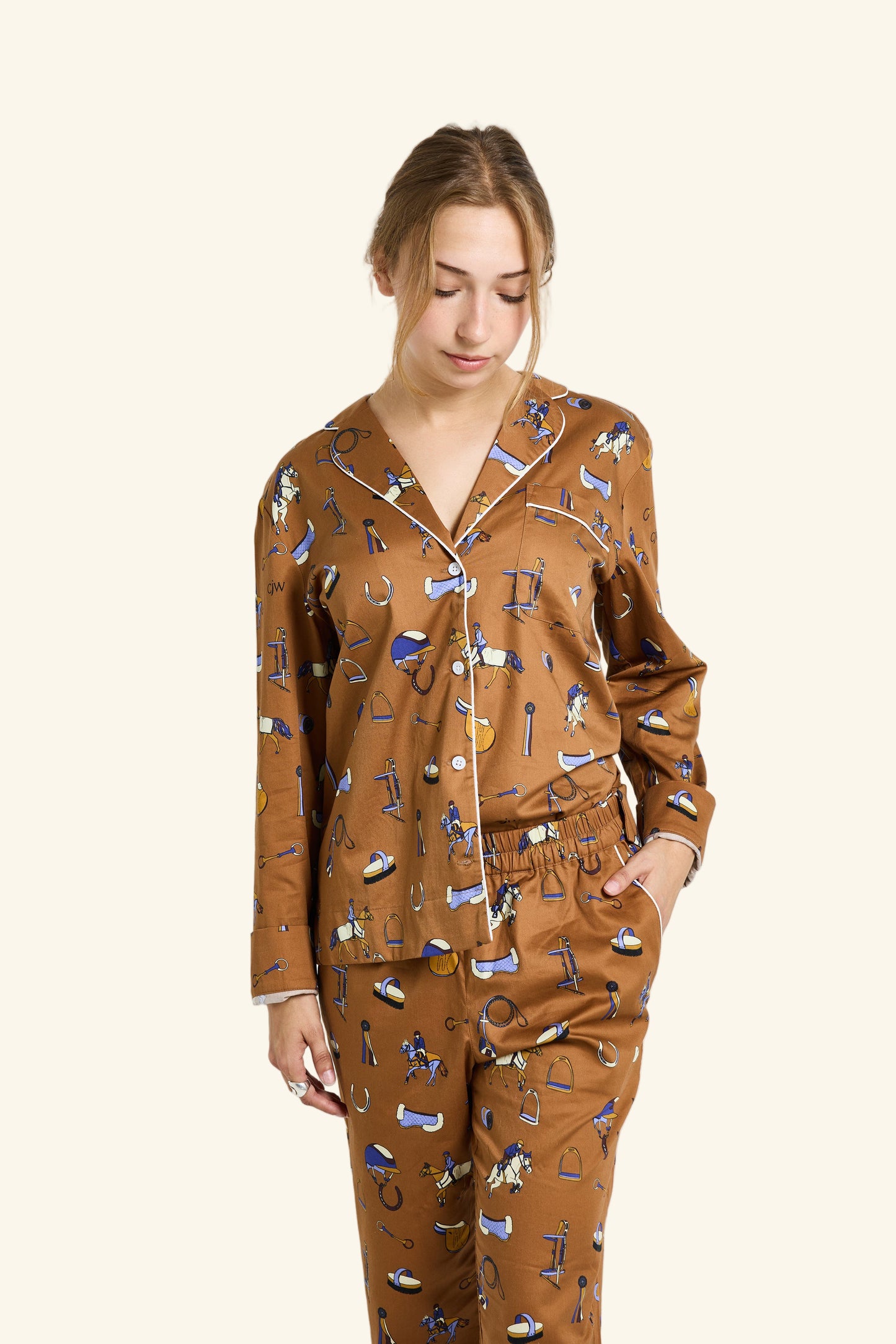 Whimsical cotton pajama set in our hand-drawn Show Pony print. Perfect for horse girls and equestrian lifestyle lovers, at home or away.