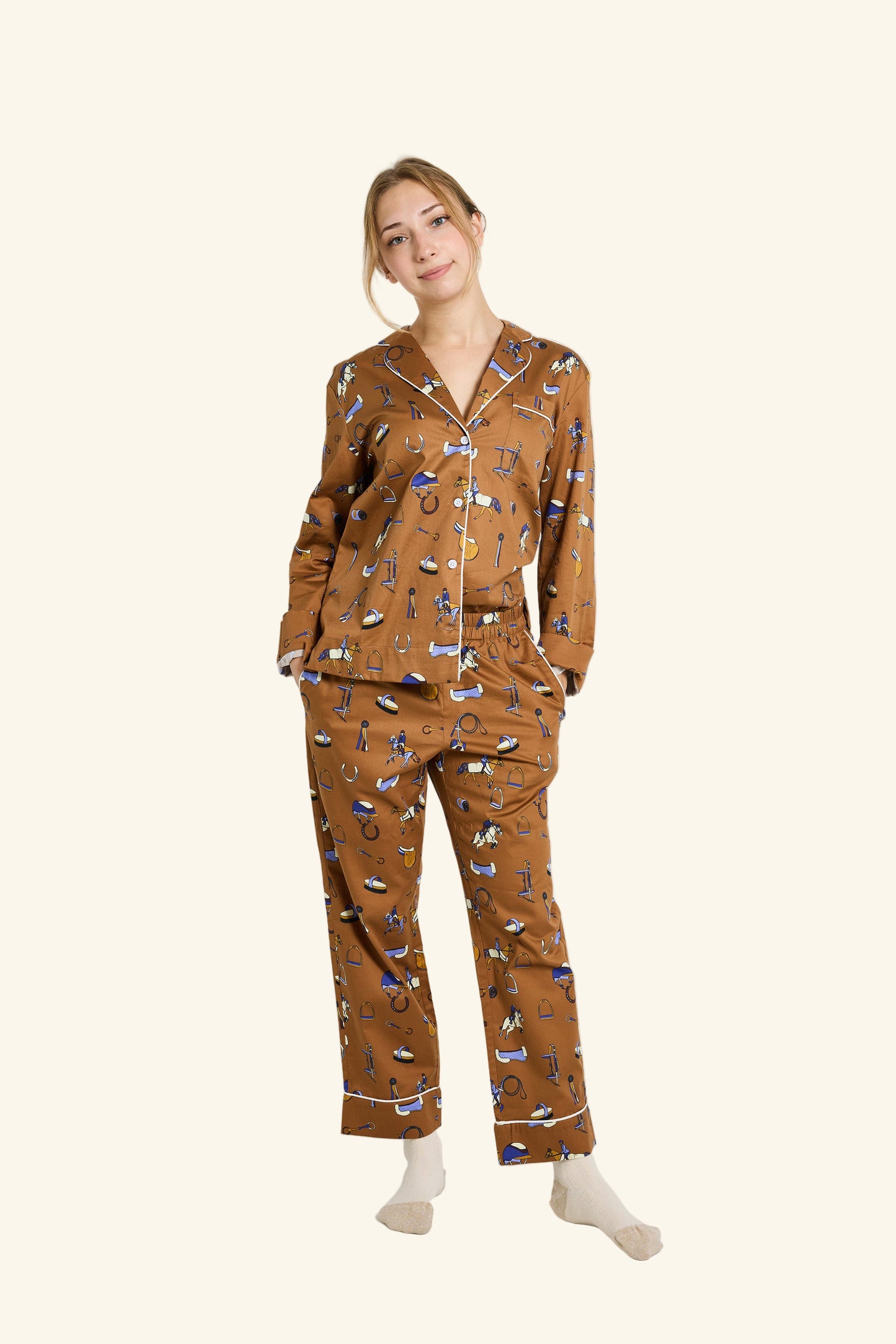 Whimsical cotton pajama set in our hand-drawn Show Pony print. Perfect for horse girls and equestrian lifestyle lovers, at home or away.