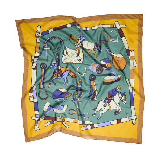 Cotton-silk mini scarf in Show Pony print. An equestrian accessory for horse girls to tie, style, or gift.