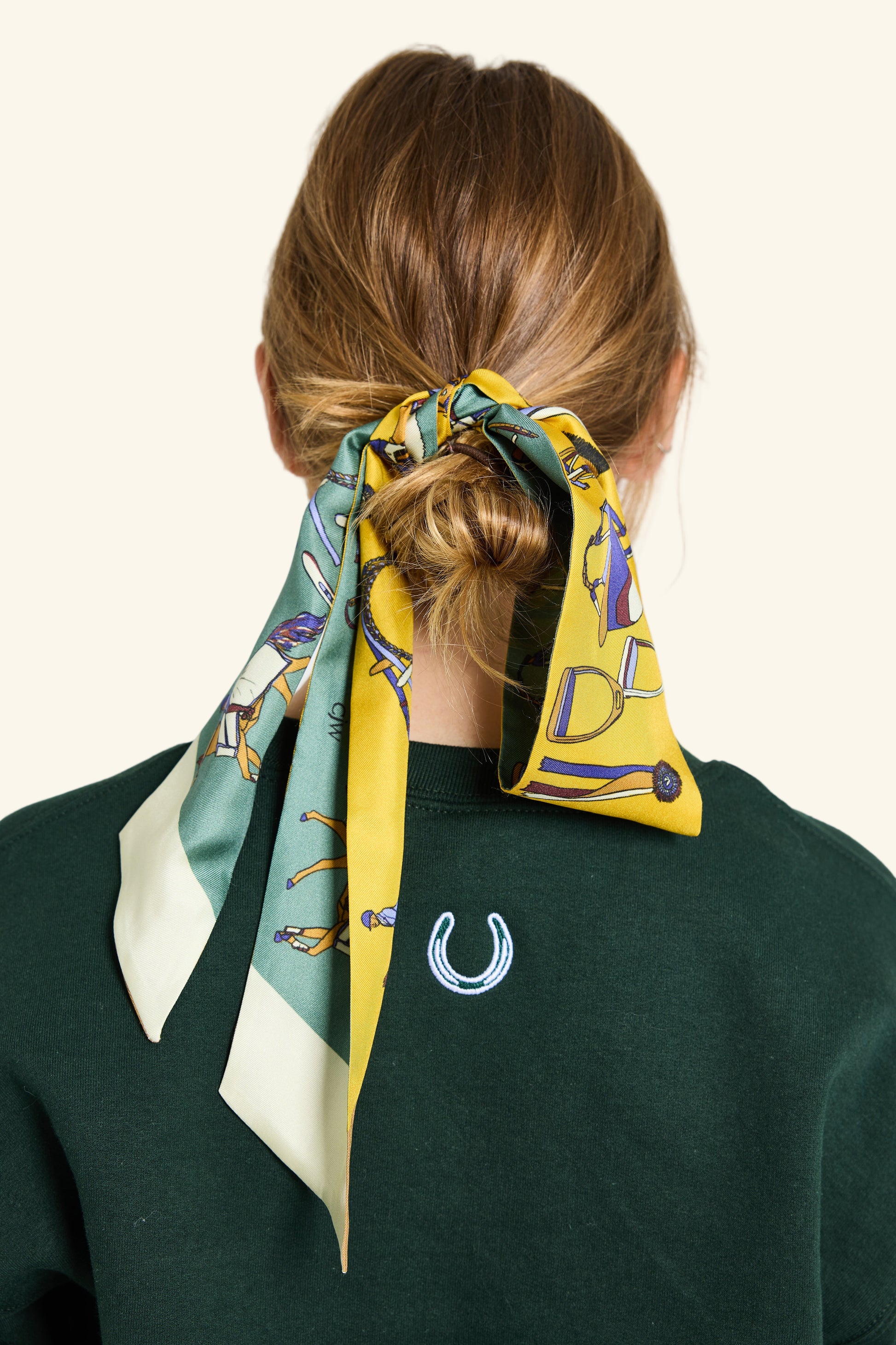 Silk twilly in Show Pony print. A chic, equestrian-inspired accessory perfect for horse girls and everyday styling.