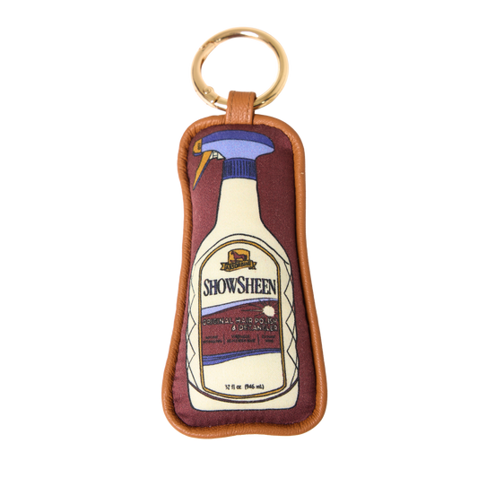 Show Sheen bag charm in silk and leather. A playful equestrian accessory for horse girls who love show day magic.
